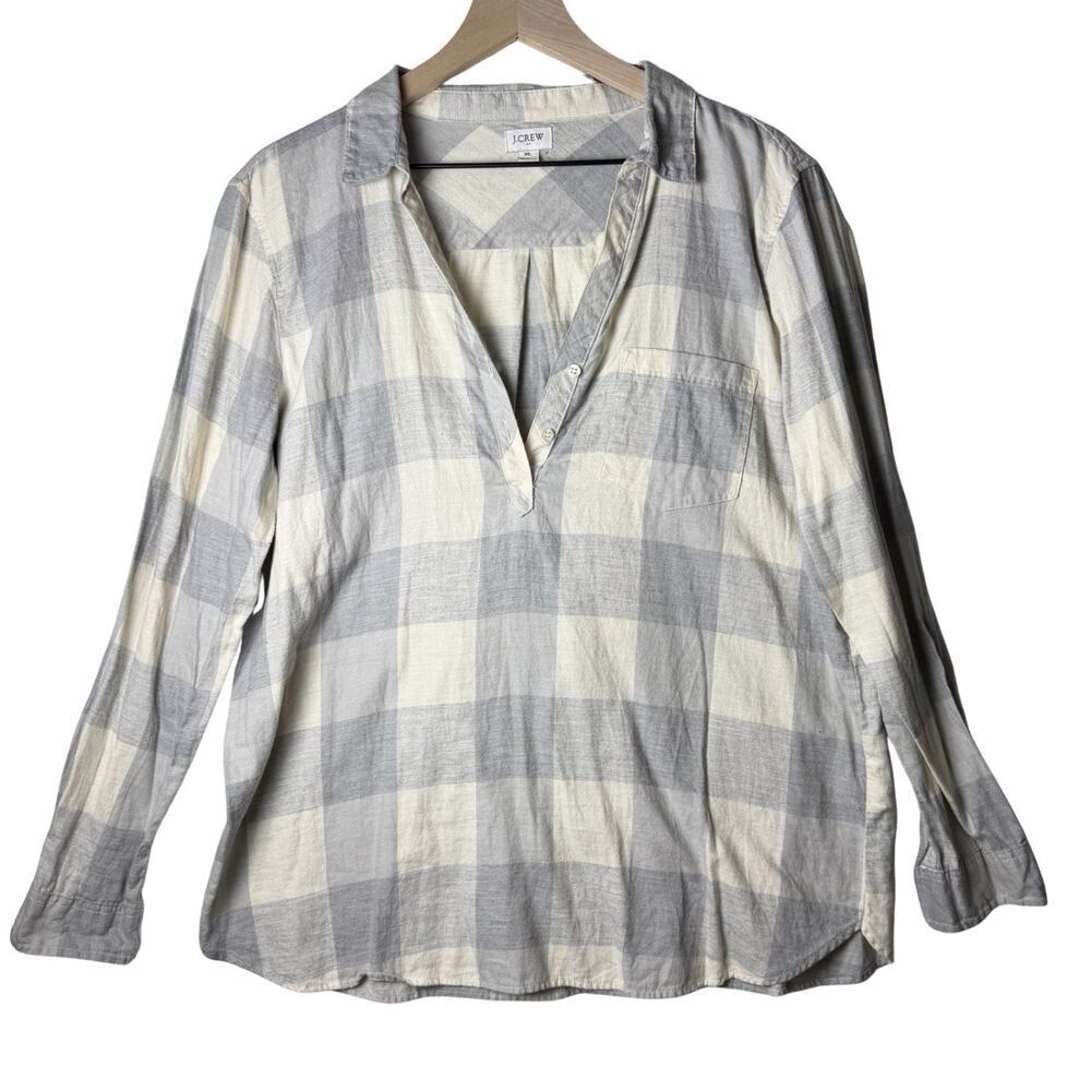 J. Crew Open V-Neck Gray Cream Plaid Flannel Popover Shirt Women’s Size XL